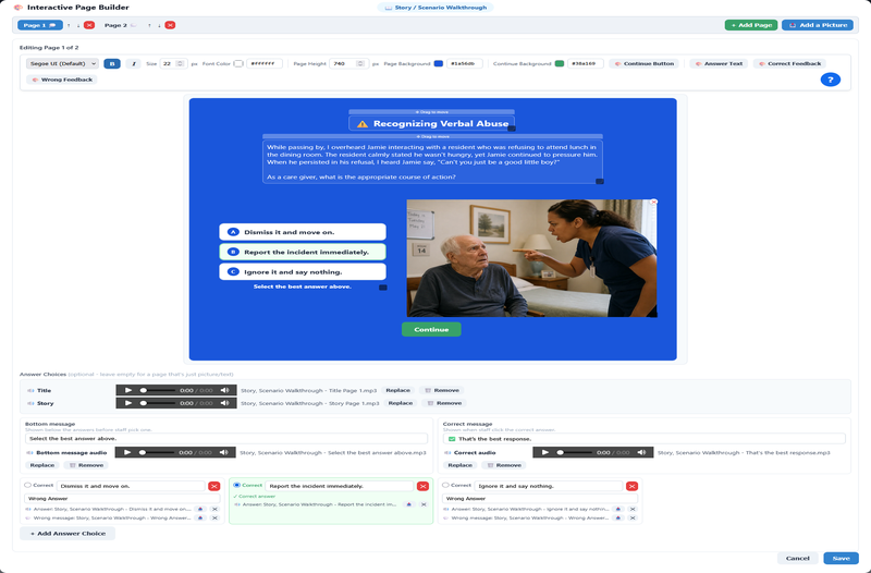 Building a multi-page Story / Scenario Walkthrough training activity in ScriptLMS